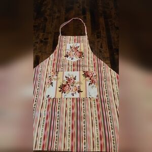 Floral Stripe Apron with Rose Panel - Pink, Cream, Green